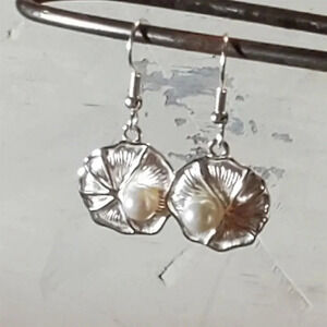 Hand Crafted White Faux Cultured Pearl Silver Plated Lily Pad Dangle Earrings